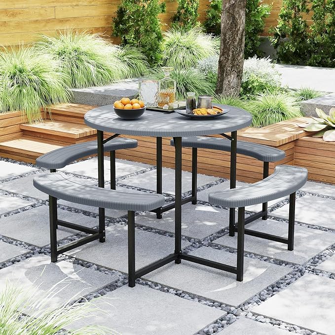 Giantex Picnic Table Bench Set for 4-8 Person, Round 37” Outdoor Dining Table w/Umbrella Hole, HDPE Tabletop, Metal Frame, Patio Furniture Set for Backyard Porch Lawn, 1400lb Capacity (Gray,Round)