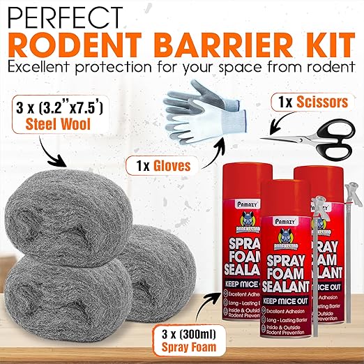 [Upgraded] Rodent Barrier Kit, 3Pcs Steel Wool Included 3Pcs PU Spray Foam for Mice Control, 3.2"x7.5’ Rodent Control Fill Fabric, Gloves, Scissors, Gap Blocker in Hole Pipeline Vent in House, Garage