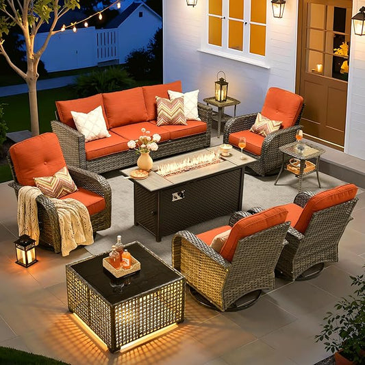 ovios 9 Pieces Patio Furniture Set, Outdoor Wicker Sofa Couch with Rocking Swivel Chairs Fire Pit Table, Modern Deep Seat Rattan Conversation Sets for Porch Deck, Orange Red