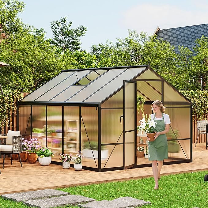8x10 FT Greenhouse for Outdoors, Polycarbonate Greenhouse with Roof Vent, Ground Nails, Lockable Push Door, Aluminum Large Walk-in Green House for Outside Garden Backyard, Patio, Lawn, Black