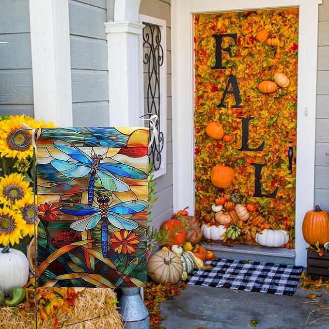 Stained Glass Dragonfly Garden Flag Spring Summer Yard Flag Fall Floral Decorative Flags for Outside 12x18 Double Sided Small Seasonal Lawn Flags Rustic Outdoor Decor