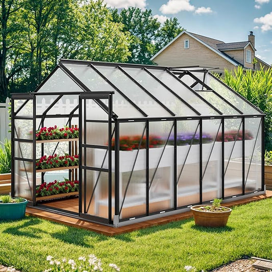 YITAHOME 10x8FT Polycarbonate Greenhouse Large Heavy Duty Green Houses Outdoor Aluminum Greenhouses with Sliding Doors Vent Window Walk-in Greenhouse for Garden Backyard, Black
