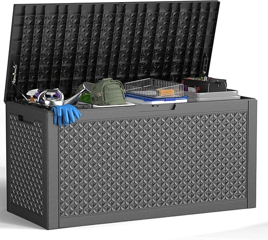 ROJIK Outdoor Storage Housing Deck Box - Waterproof Patio Furniture, Garden Tools, Cushions, Pool Accessories Storage Bench with Lockable Lid and Side Handles (Black pattern,100 Gal)