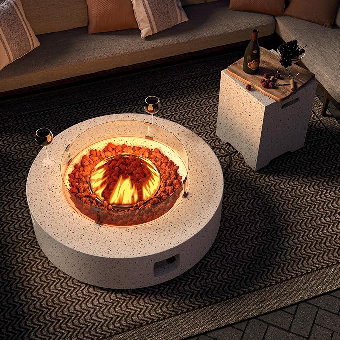 SUNBURY Outdoor 42 Inch Propane Fire Pit Table, 50000 BTU Spotted White Patio Gas Fire Table w Glass Wind Guard, Tank Table, Lava Rocks