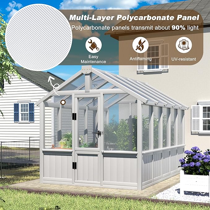 MUPATER 6 × 10 FT Cedar Wood Greenhouse for Outdoors, Outdoor Greenhouse With Polycarbonate Panels, Adjustable Vent Windows and Lockable Door, Wooden Walk-In Green House Kit for Garden, Lawn, Backyard