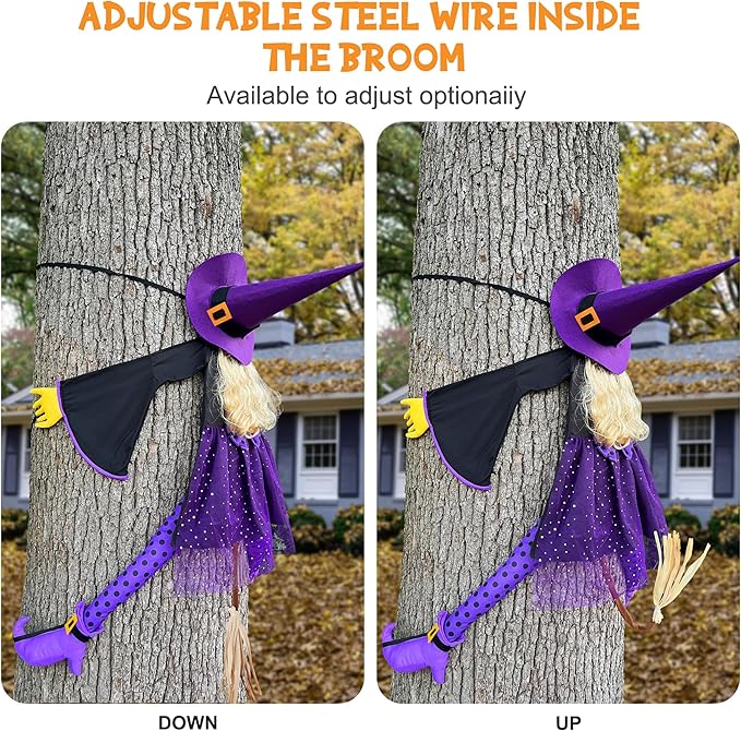 53" Purple Crashing Witch Halloween Decorations - Funny Flying Witch Prop for Yard, Porch, Tree, Patio, Door – Large Outdoor Halloween Witch Tree Decor for Garden, Fence, and Haunted House