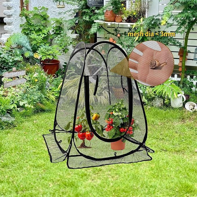 2 Pack Pop-Up Mesh Plant Protectors - 28x28x34 Inch Plant Cover Net Each Set with 8 Stakes (with Washers) & 1 Carry Bag to Protect Vegetables, Fruits, Flowers