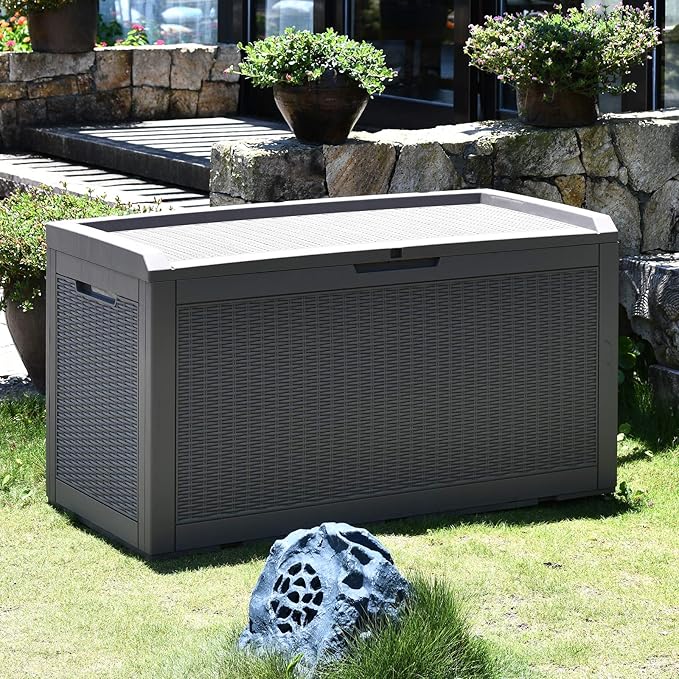 Modern-Depo 100 Gallon Polypropylene PP Deck Box Indoor Outdoor Waterproof Lockable Organization Container & Storage Bin Delivery Box with Cushion, Gray