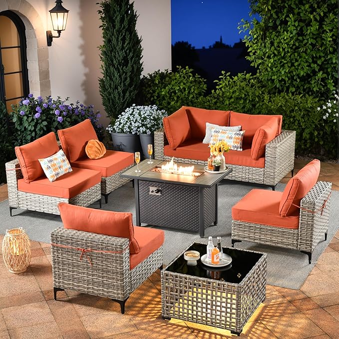 Outdoor Sectional Patio Furniture Set with Fire Pit Table and Glowing Table,8 Pieces Wicker Conversation Sets L Shaped Couch Out Door Sofa Set Outside Furniture for Garden Deck Yard,Red