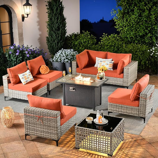 Outdoor Sectional Patio Furniture Set with Fire Pit Table and Glowing Table,8 Pieces Wicker Conversation Sets L Shaped Couch Out Door Sofa Set Outside Furniture for Garden Deck Yard,Red