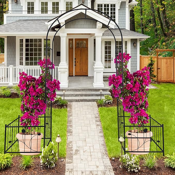 Metal Garden Arch with 2 Plant Stands, Garden Arch Trellis for Climbing Plants Outdoor, Garden Arbor for Weddings Party Events Decoration, 79.5" L X 19.7" W X 86.6" H, Black