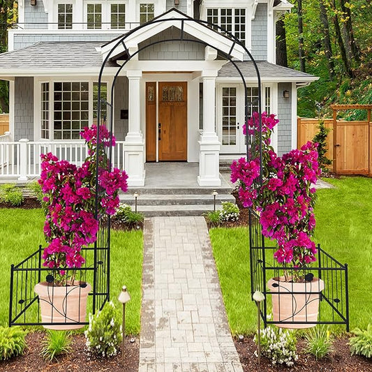 Metal Garden Arch with 2 Plant Stands, Garden Arch Trellis for Climbing Plants Outdoor, Garden Arbor for Weddings Party Events Decoration, 79.5" L X 19.7" W X 86.6" H, Black