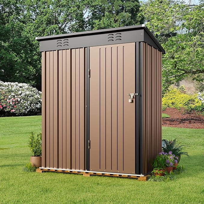 Gizoon 5' x 3' Outdoor Storage Shed with Singe Lockable Door,Galvanized Metal Shed with Air Vent Suitable for The Garden,Tiny House Storage Sheds Outdoor for Backyard Patio Lawn-Brown