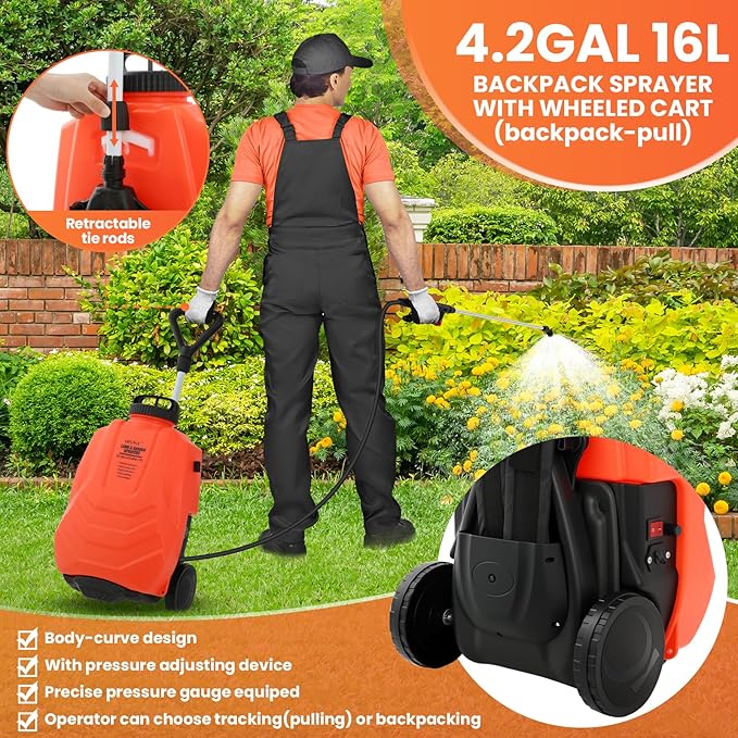 Battery Powered Backpack Sprayer 4.2 Gallon,Adjustable Wheeled Cart, 0-94 PSI,6 Hours Long Battery Life,12V 8Ah Battery,Backpack Sprayer with 10 Nozzles for Weeding, Spraying, Cleaning