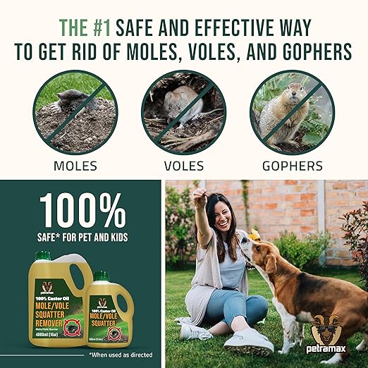 Petra 100% Castor Oil for Moles and Voles - Get Rid of Moles & Voles - Most Effective Way to Get Rid of Moles in Your Yard - Gopher, Ground Mole, Vole Caster Oil - Pet Safe, Food Grade (135 Fl Oz)