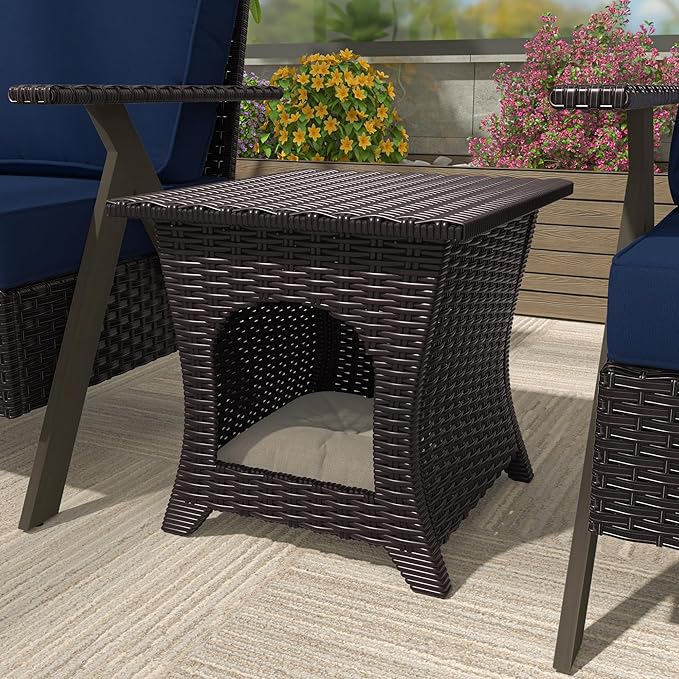Vista Vibe Patio Wicker Side Table, All-Weather Rattan Furniture, 2 in 1 End Table & Pet Nest for Porch, Sunroom, Garden （Beige）