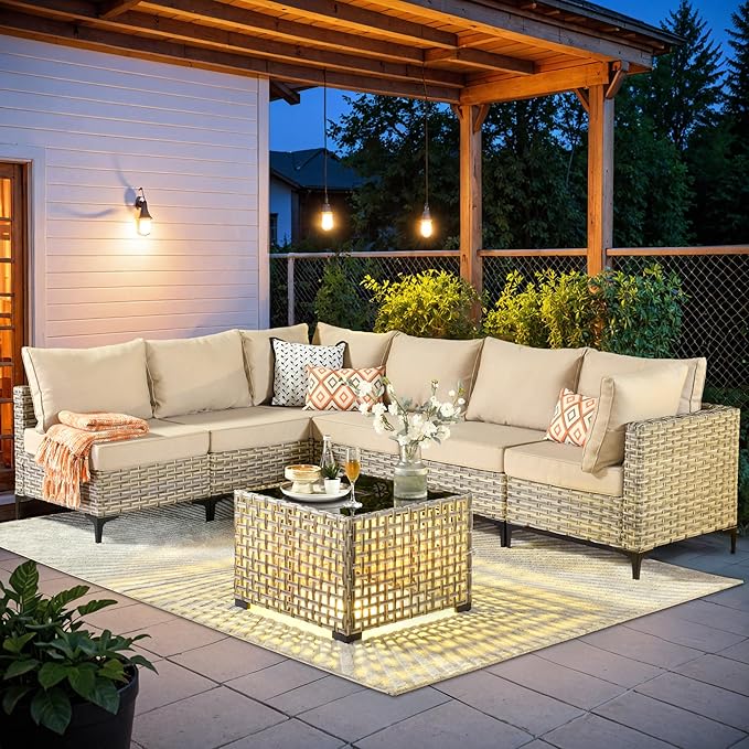 HOOOWOOO Outdoor Patio Furniture Set,7 Pieces Wicker Out Door Sectional Furniture L Shaped Couch,Outside Patio Conversation Sets with LED Table,Beige
