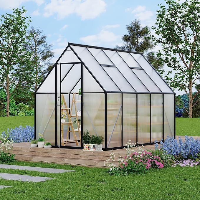 Aluminum Polycarbonate Greenhouse for Outdoors, Large Walk-InGreenhouse With Quick Setup Structure and Roof Vent, Greenhouse With Ventilation