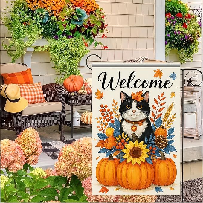 Thanksgiving Fall Garden Flag 12x18 Inch Welcome Cat with Pumpkins Outdoor Flag Double Sided Autumn Kitten Yard Banner with Sunflower Floral Decor for Porch Lawn Patio