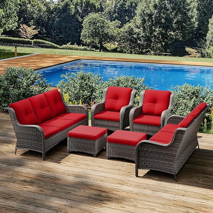 Joyside Patio Furniture Set 6 Pieces - Outdoor Rattan Furniture Set with 2 Armchairs, 2 Couch and 2 Ottomans, Olefin Cushions Included(Mixed Grey/Red)