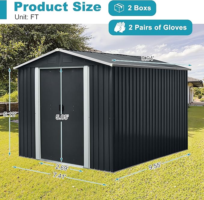 Sheds & Outdoor Storage 8ft x 10ft Metal Storage Shed with Metal Foundation, Gloves, Anchors, Tools Garden Tool Storage Cabinet with Secure Sliding Doors with Padlock for Backyard, Black