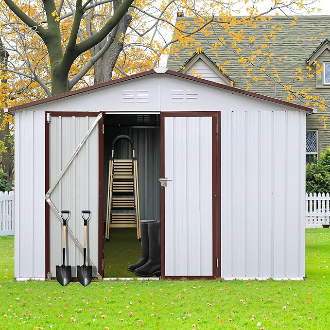 10x12 FT Outdoor Storage Shed, Metal Tool Shed with Lockable Doors & Peaked Roof, Garden Shed with Vented Design for Backyard Garden Patio Lawn, White+Coffee