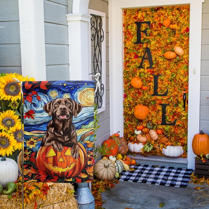 Stained Glass Chocolate Lab Fall Garden Flag Halloween Pumpkin Yard Signs Autumn Sunflower Thanksgiving Banner for Outside 12x18 Double Sided Small Labrador Dog Outdoor Decorative