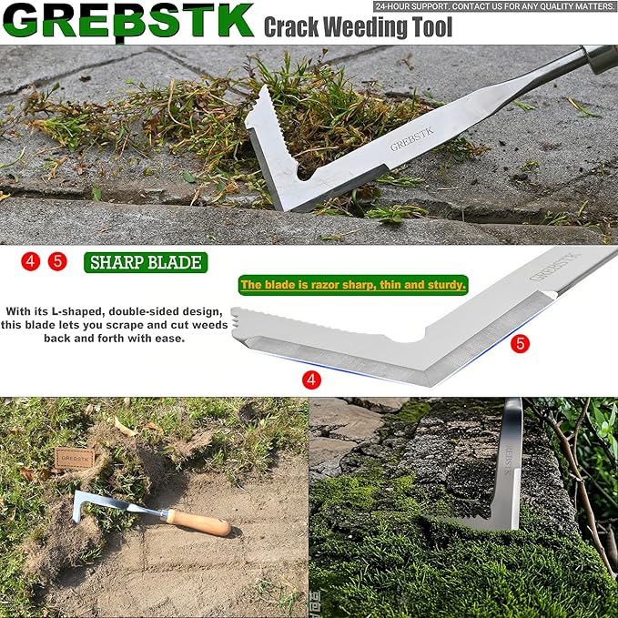 GREBSTK Crack Weeder Crevice Weeding Tool Stainless Steel Manual Weeder Beech Handle Gardening Tool
