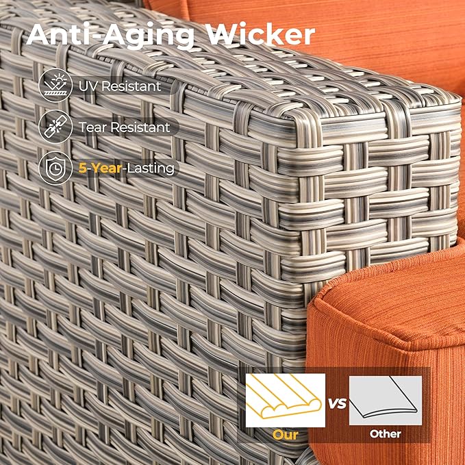 HOOOWOOO Outdoor Sectional Patio Furniture Set with Fire Pit Table,15 Pieces Wicker Conversation Sets L Shaped Couch,Extra Deep Out Door Sofa Outside Furniture with Swivel Chairs Ottomans,Brick Red