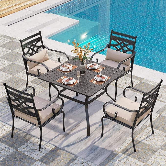 PHI VILLA 5 Pcs Patio Dining Set,Outdoor Table Chair Set for 4 with Outdoor Chairs and Metal Frame Steel Square Table,Outdoor Dining Furniture with Cushion and Pillow for Garden Lawn Deck