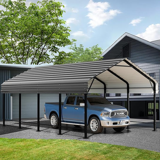 JAMFLY Carport, 12X15 FT Metal Carport, Heavy Duty Carport Canopy with Galvanized Steel Roof and Frame, Metal Car Garage Upgraded Extra Large Garage for Pickup, Boat, Car and Tractors