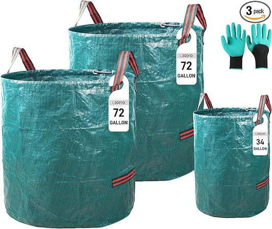 2x72Gallons+1x34Gallons (Free Gloves) Leaf Garden Bags,Reusable Heavy Duty Yard Waste Bag Set,Standable Design and Reinforced 4 Handles for Garden,Lawn,Leaf,Grass,Debris,Camping