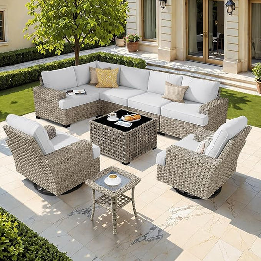 HOOOWOOO Outdoor Sectional Patio Furniture Set,9 Pieces Wicker Conversation Sets L Shaped Couch,Extra Deep Out Door Sofa Outside Furniture with Swivel Chairs,Light Gray