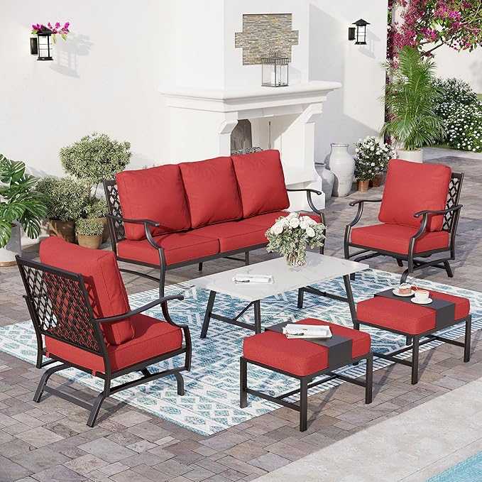 6 Piece Metal Outdoor Patio Furniture Set, Patio Conversation Set 1 3-Seater Sofa, 2 Rocking Chair, 2 Ottomans with 5.75" Thick Cushion and Coffee Table, Black Backyard Furniture, Red