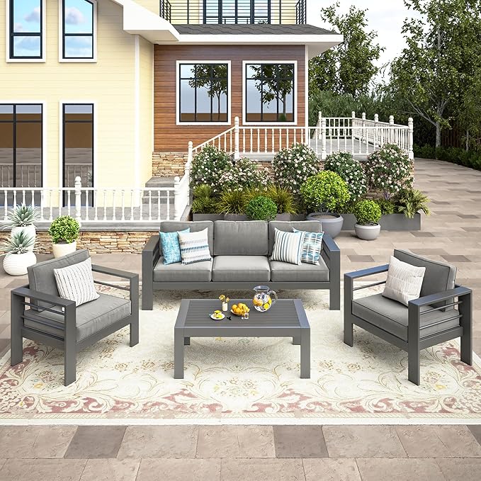 Wisteria Lane 4-Piece Outdoor Patio Furniture Set, Outdoor Sectional Furniture with Upgraded Cushions, Outdoor Conversation Seating Set for Balcony, Garden, Deck, Backyard, Grey