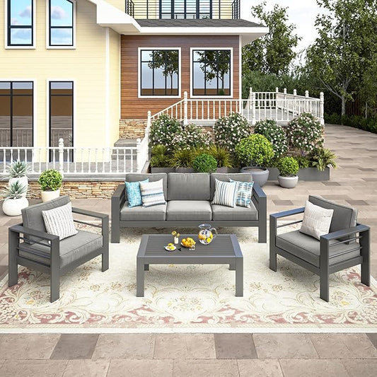 Wisteria Lane 4-Piece Outdoor Patio Furniture Set, Outdoor Sectional Furniture with Upgraded Cushions, Outdoor Conversation Seating Set for Balcony, Garden, Deck, Backyard, Grey