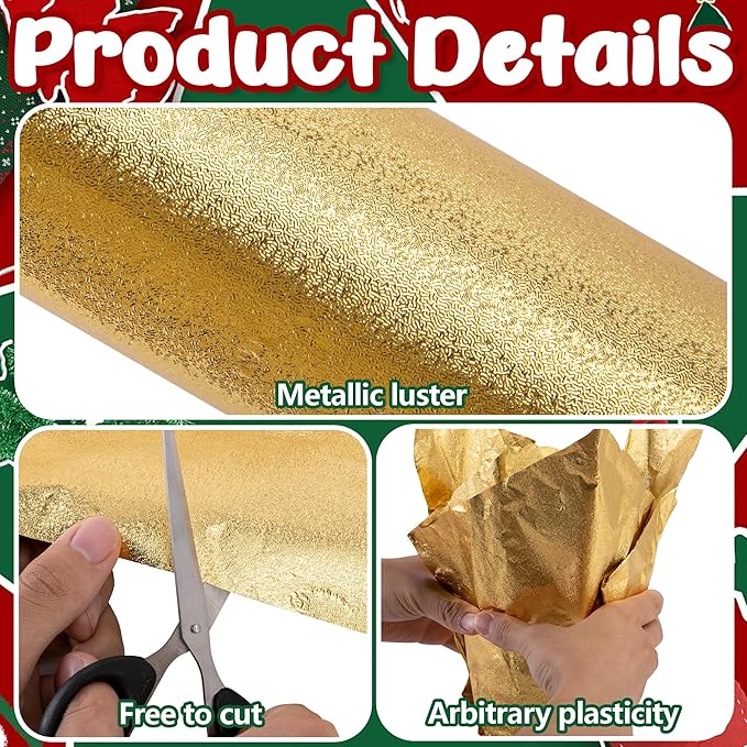 Adnee 2 Roll 10 Yard Floral Foil Plant Pot Covers,Matte Texture Christmas Plant Pot Foil,Golden Floral Pot Wrapping Paper for Christmas Home Flower Pot DIY decor
