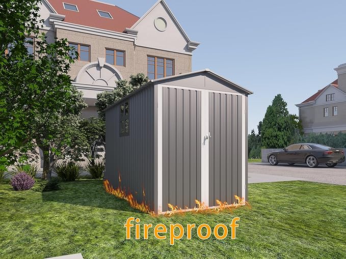 6x10 FT Outdoor Storage Shed, Metal Motorcycle Shed with Track & Fixing Device, Storage Building with Window & Lockable Hinged Doors, Waterproof Outside Garage Sheds for Garden, Backyard, Gray+White