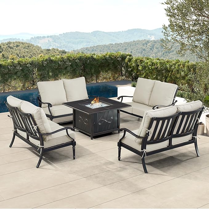 Oakland Living Black Aluminum Patio Fire Table Set with Four Deep Seating Loveseat with Cushions with Light Grey Cushions