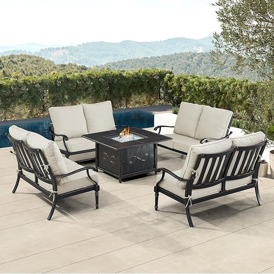 Oakland Living Black Aluminum Patio Fire Table Set with Four Deep Seating Loveseat with Cushions with Light Grey Cushions