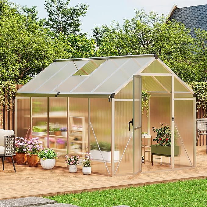 6x10 FT Greenhouse, Easy Assembly Aluminum Polycarbonate Greenhouses for Outdoors with Roof Vent and Ground Nails, Heavy Duty Aluminum Walk-in Greenhouse for Backyard, Sliding Lockable Door, Silver