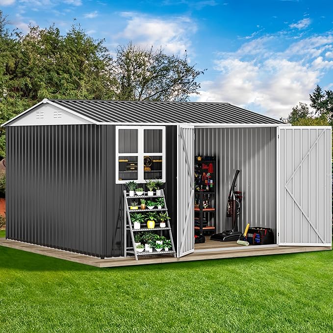 DWVO 10' x 10' Outdoor Storage Shed, Waterproof Metal Garden Shed with Windows, Lockable Doors, and Sloped Roof for Patio, Backyard, Lawn, Tool Storage, Bike Shed, Pet Shelter (Gray + White)