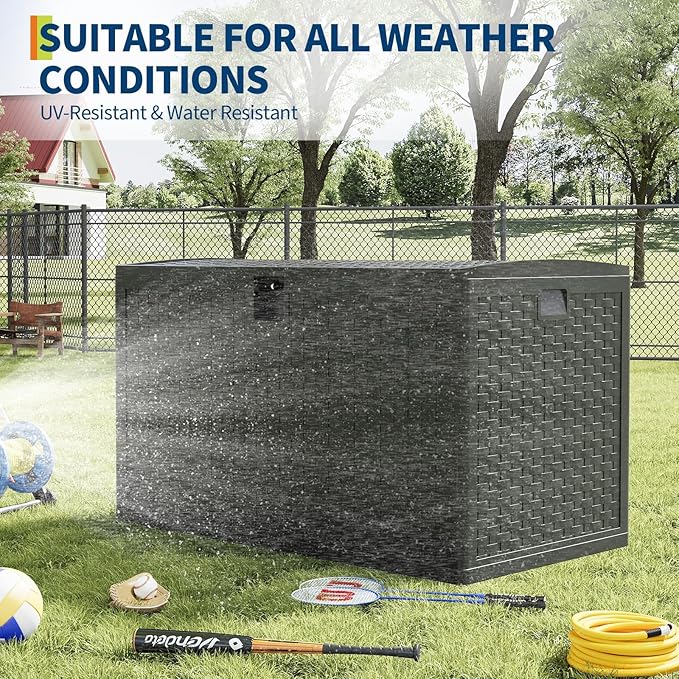 120 Gallon Outdoor Storage Box, Waterproof Deck Box, Lockable Storage Bin, Suitable for Patio Furniture, Pool Accessories, Gardening Tool, Rattan Black