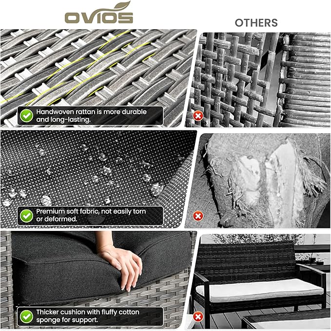 ovios Patio Furniture Set, 8 Pieces Outdoor Wicker Sofa Couch with Chairs, Ottomans and Comfy Cushions, All Weather High Back Rattan Conversation Set, Black