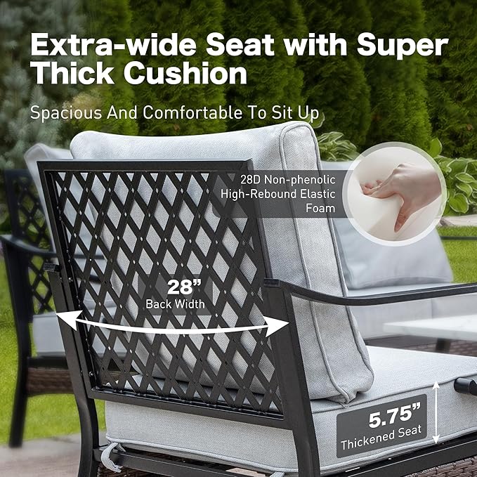 4 Piece Black Metal Outdoor Patio Furniture Sets with Firepit Table, Patio Conversation Sets 1 3-Seater Sofa, 2 Swivel Sofa with 5.75" Cushion Backyard Furniture for Deck, Light Gray