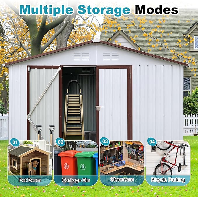 10x12 FT Outdoor Storage Shed, Metal Tool Shed with Lockable Doors & Peaked Roof, Garden Shed with Vented Design for Backyard Garden Patio Lawn, White+Coffee