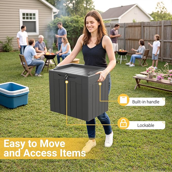 Greesum 31 Gallon Resin Deck Box Large Outdoor Storage for Patio Furniture, Garden Tools, Pool Supplies, Weatherproof and UV Resistant, Lockable, Dark Grey
