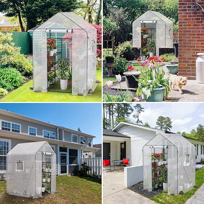 WORKPRO Greenhouse, 56” x 56” x 77” Heavy Duty Walk in Greenhouses for Outdoors with Screen Windows, Thicken PE Cover, 3 Tier 8 Shelves Portable Green House Kit for Patio, Backyard and Porch