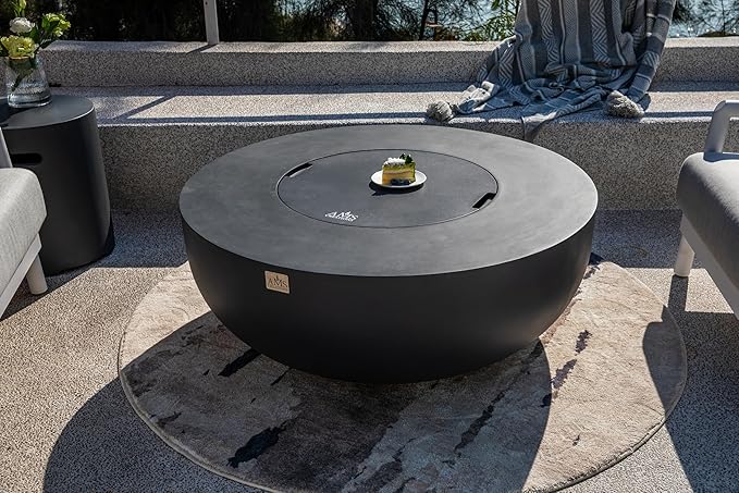 AMS Creations | Eclipse 44" Bundle Round Cast Concrete Propane Gas Fire Pit Bowl Table | Dark Gray | Smooth Texture Surface | Electronic Ignition | Outdoor Patio Heater Outside Backyard Fireplace
