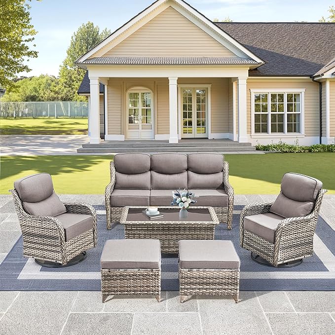 Luxury High Back Outdoor Furniture with 6-Inch Thick Cushions, Patio Furniture Set with Swivel Chairs, 6 PCS Wicker Conversation Set for Porch, Balcony, Deck and Yard